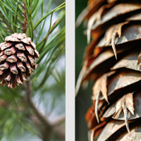 Cônes de Pin sylvestre, <em>Pinus sylvestris</em> et de Sapin de Douglas, <em>Pseudotsuga menziesii</em>